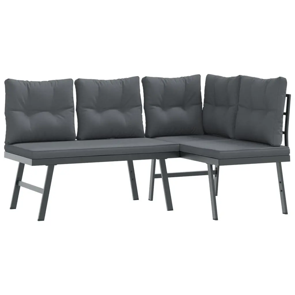 3 Piece Patio Garden Bench Set Powder-Coated Steel Frame Cushions Black