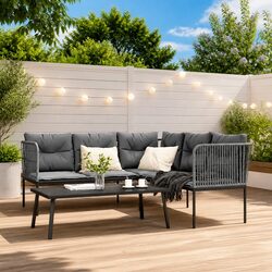 Garden Sofa Set with Cushions Black Steel Textilene Outdoor Patio Furniture
