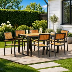 7 Piece Outdoor Garden Dining Set Rectangular Black Acacia Wood Steel Legs Patio
