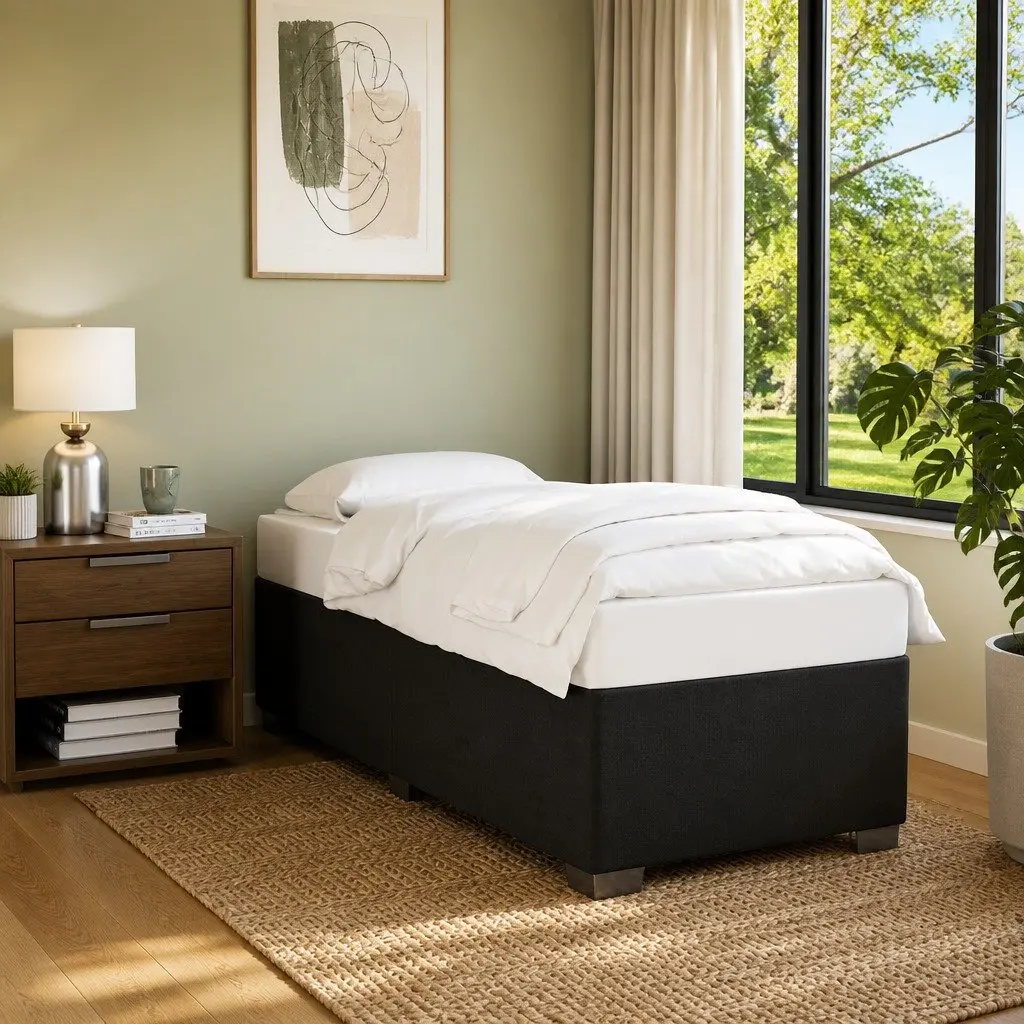King Single Bed Frame Black Fabric Support Slats
