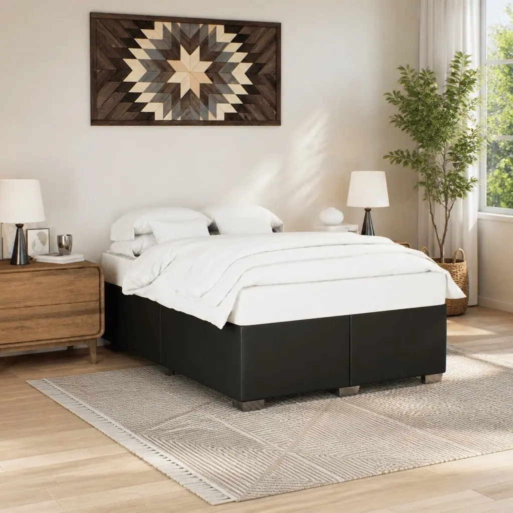 Double Bed Frame Faux Leather Black Slat Support System