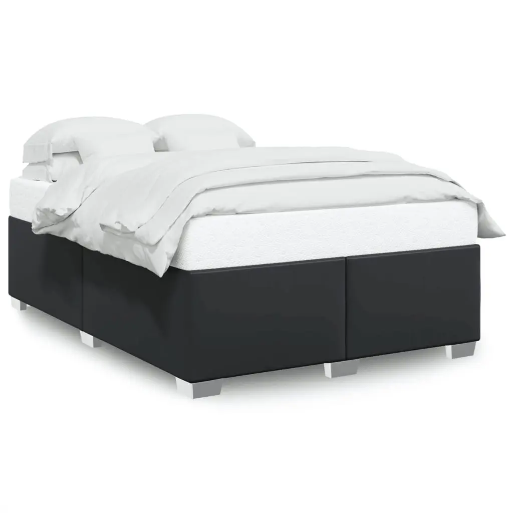 Double Bed Frame Faux Leather Black Slat Support System