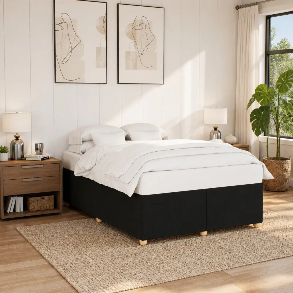 Queen Bed Frame Black Fabric Upholstered Platform Slatted Frame