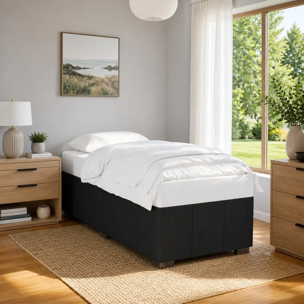 King Single Fabric Bed Frame Black Upholstered Bedroom Furniture Slats Support