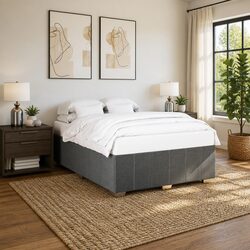 Queen Bed Frame Dark Grey Fabric Upholstered Slat Support Bedroom Furniture