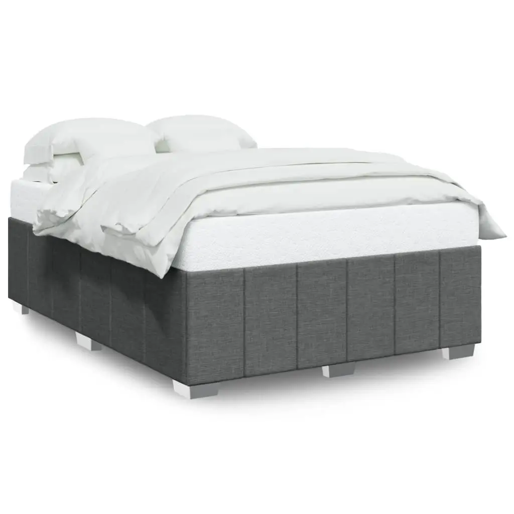 Queen Bed Frame Upholstered in Dark Grey Fabric with Slat Support System