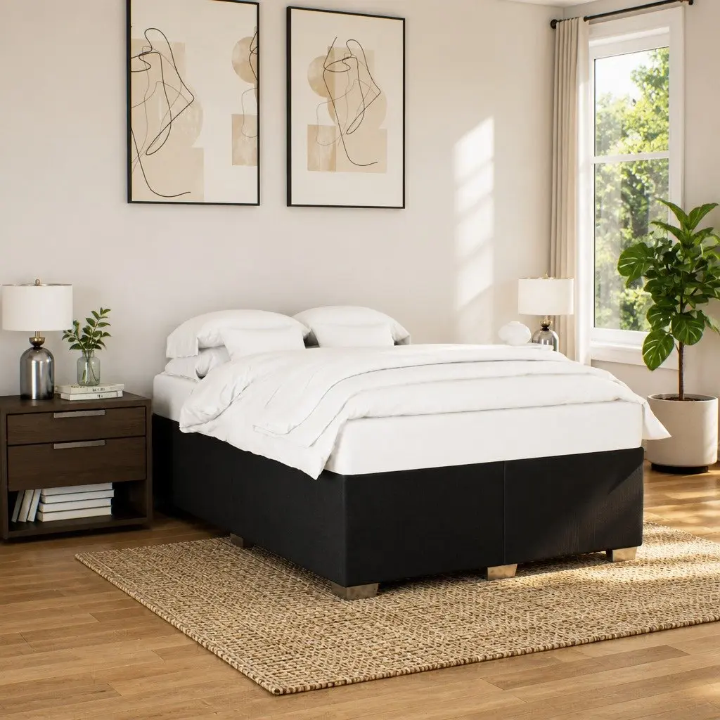 Box Spring Bed Pocket Mattress Polyester Fabric Frame Slats Support Black