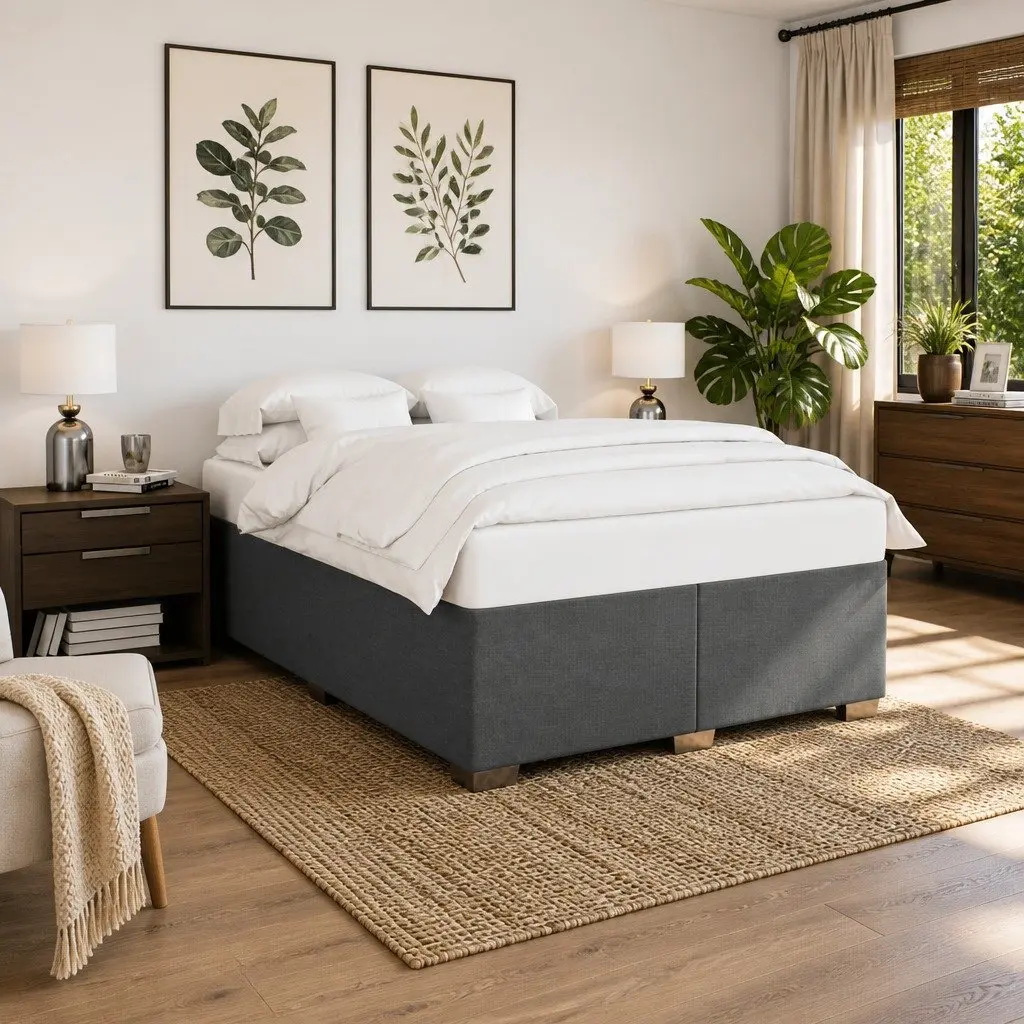 Queen Box Spring Bed with Pocket Mattress Topper Light Grey Fabric Bedroom