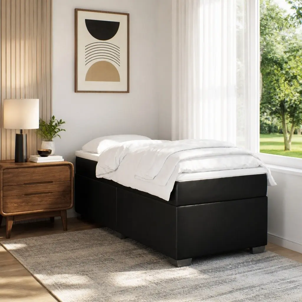 Box Spring Bed Pocket Spring Mattress King Single Black Faux Leather Frame