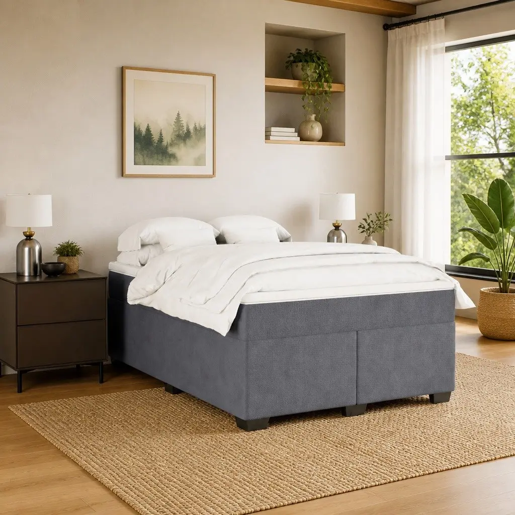 Box Spring Bed Velvet Dark Grey Full Size with Pocket Spring Mattress and Removable Topper