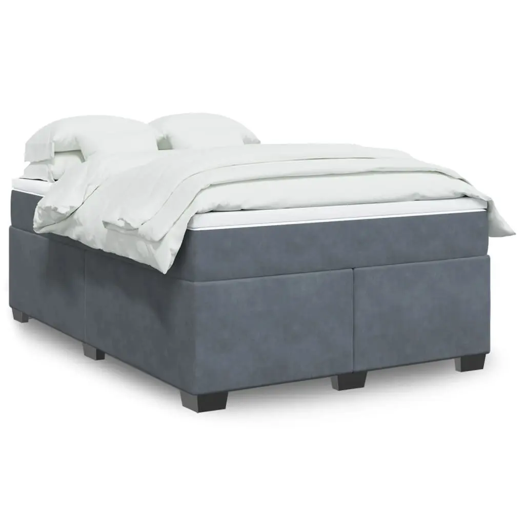 Box Spring Bed Velvet Dark Grey Full Size with Pocket Spring Mattress and Removable Topper
