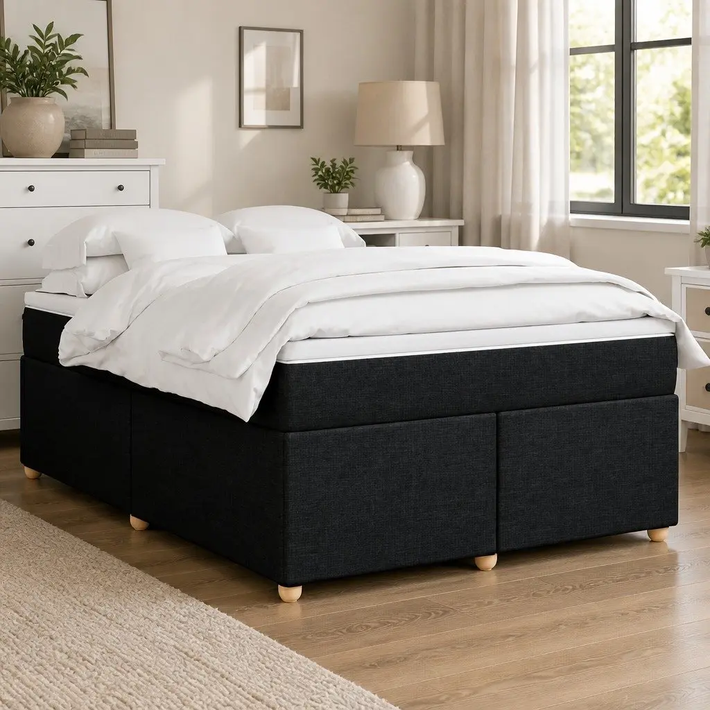Double Box Spring Bed with Pocket Spring Mattress Black Fabric Double Size