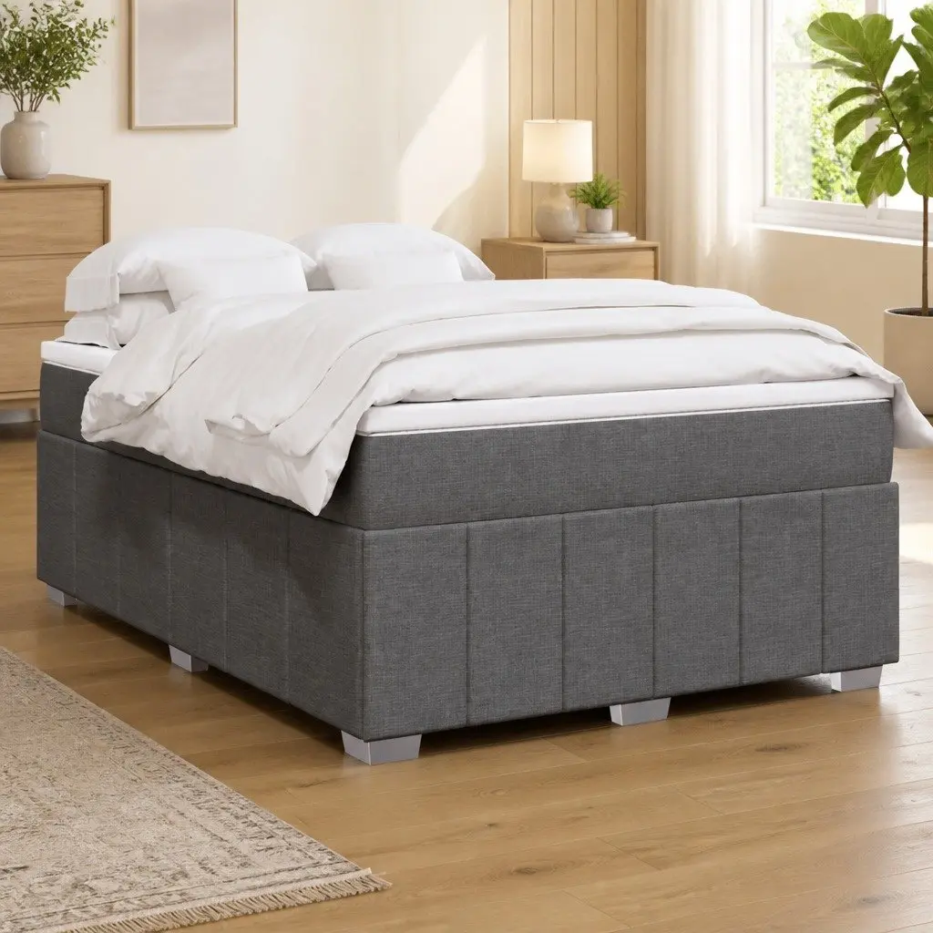Queen Size Grey Fabric Bed Frame with Pocket Spring Mattress and Supportive Slatted Base