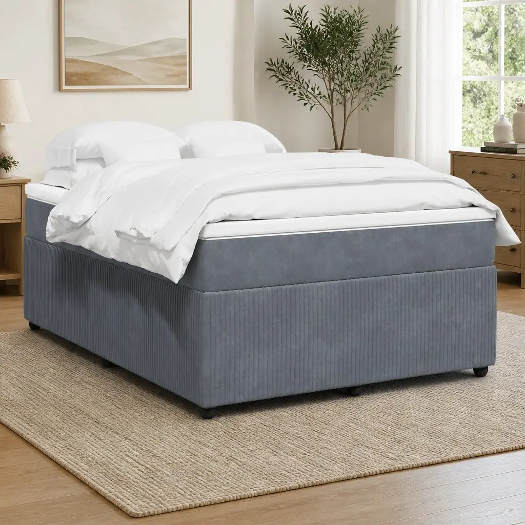 Box Spring Bed Grey Velvet Upholstered Frame with Pocket Spring Mattress
