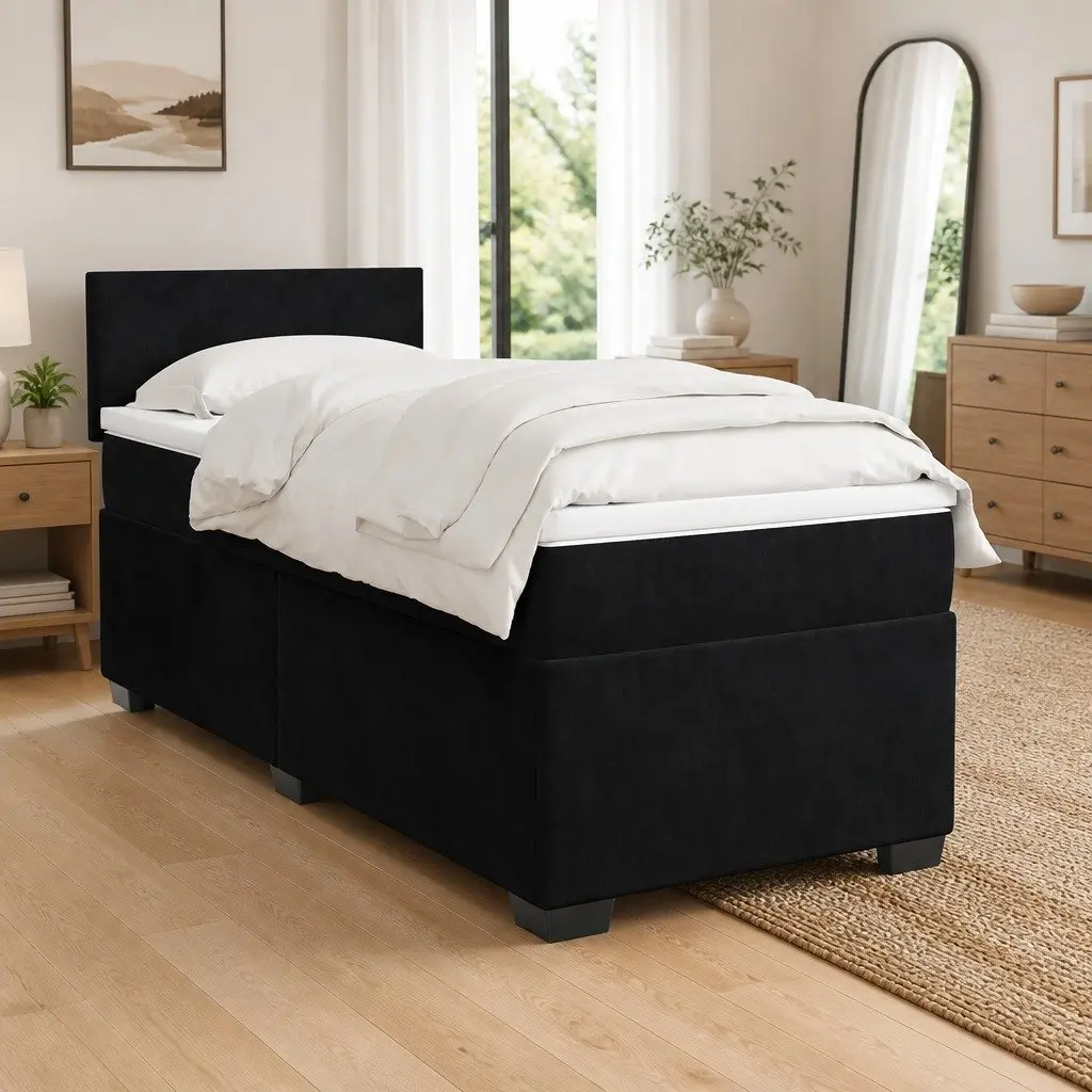 Box Spring Bed with Pocket Mattress King Single Black Fabric Frame Slats