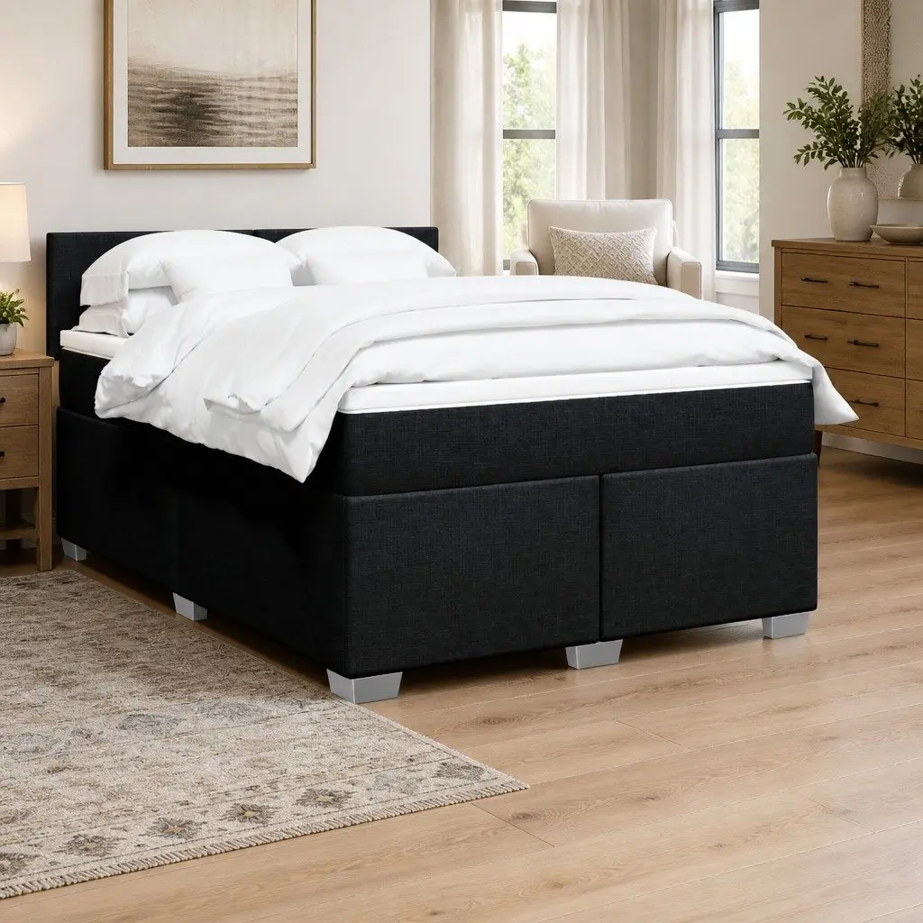 Double Bed Frame with Integrated Pocket Spring Mattress Upholstered in Black Fabric