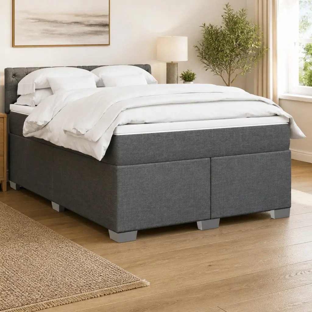 Double Box Spring Bed Pocket Sprung Mattress Black Fabric Frame Double Size