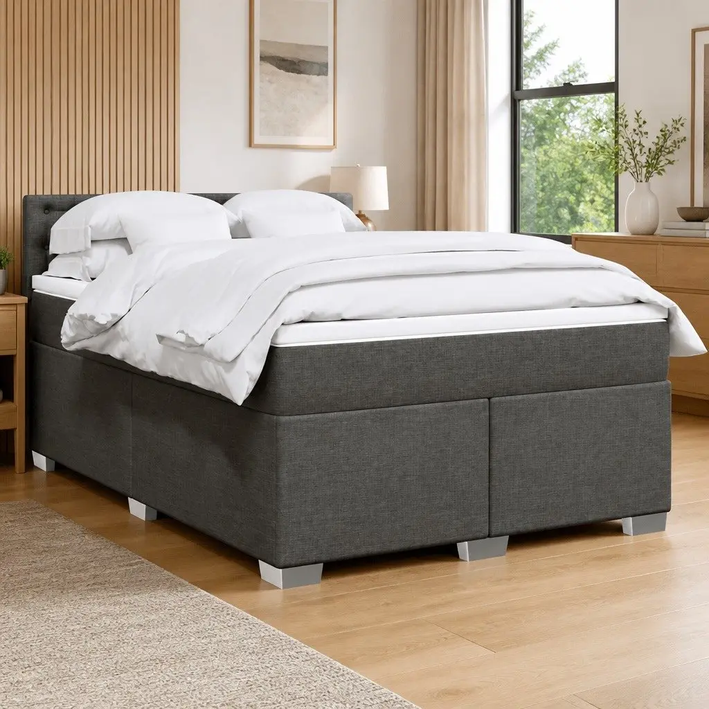 Double Bed Frame with Pocket Spring Mattress and Removable Topper Black Fabric Upholstery