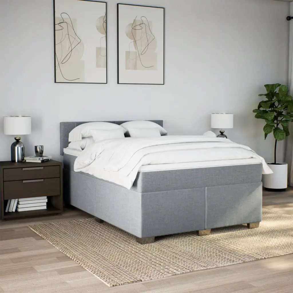 Queen Box Spring Bed with Pocket Spring Mattress Grey Fabric Bedroom Furniture