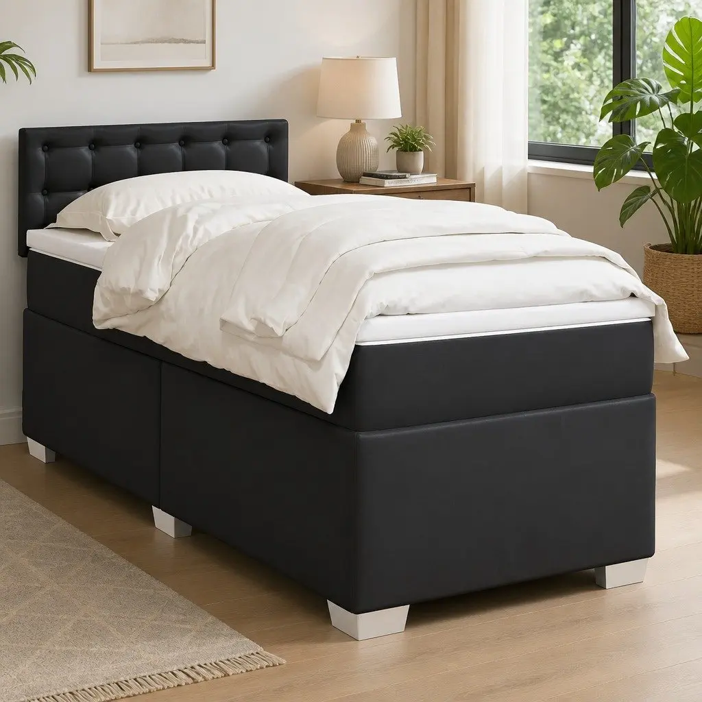 King Single Box Spring Bed with Pocket Sprung Mattress Black Faux Leather Frame
