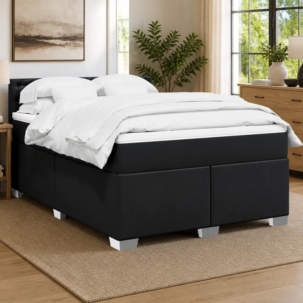 Queen Faux Leather Bed with Integrated Pocket Spring Mattress and Slatted Base Black