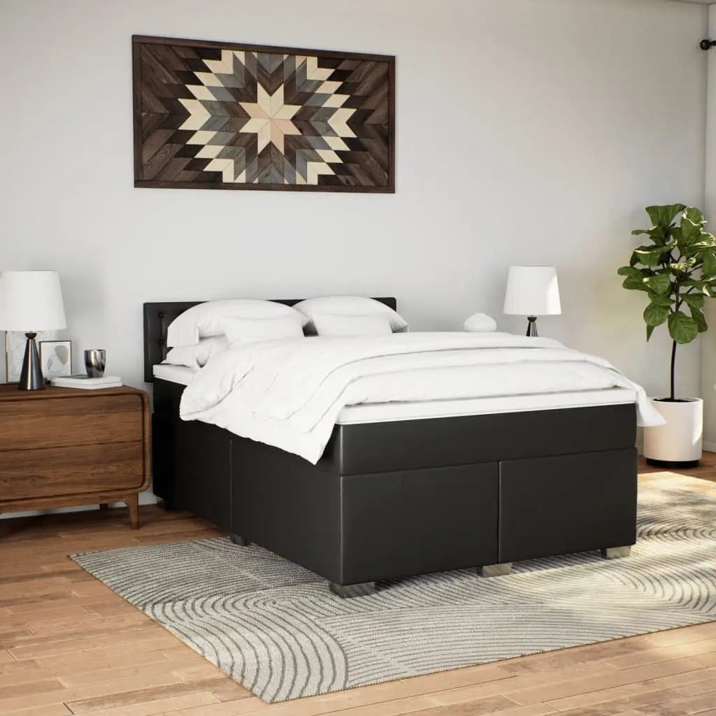 Queen Faux Leather Bed with Integrated Pocket Spring Mattress and Slatted Base Black