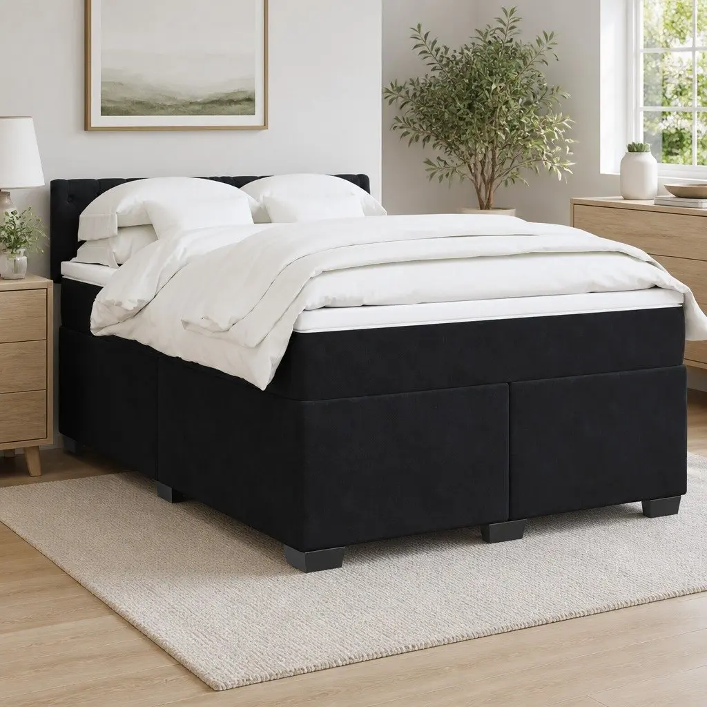 Double Box Spring Bed Grey Velvet Upholstered Frame with Pocket Spring Mattress