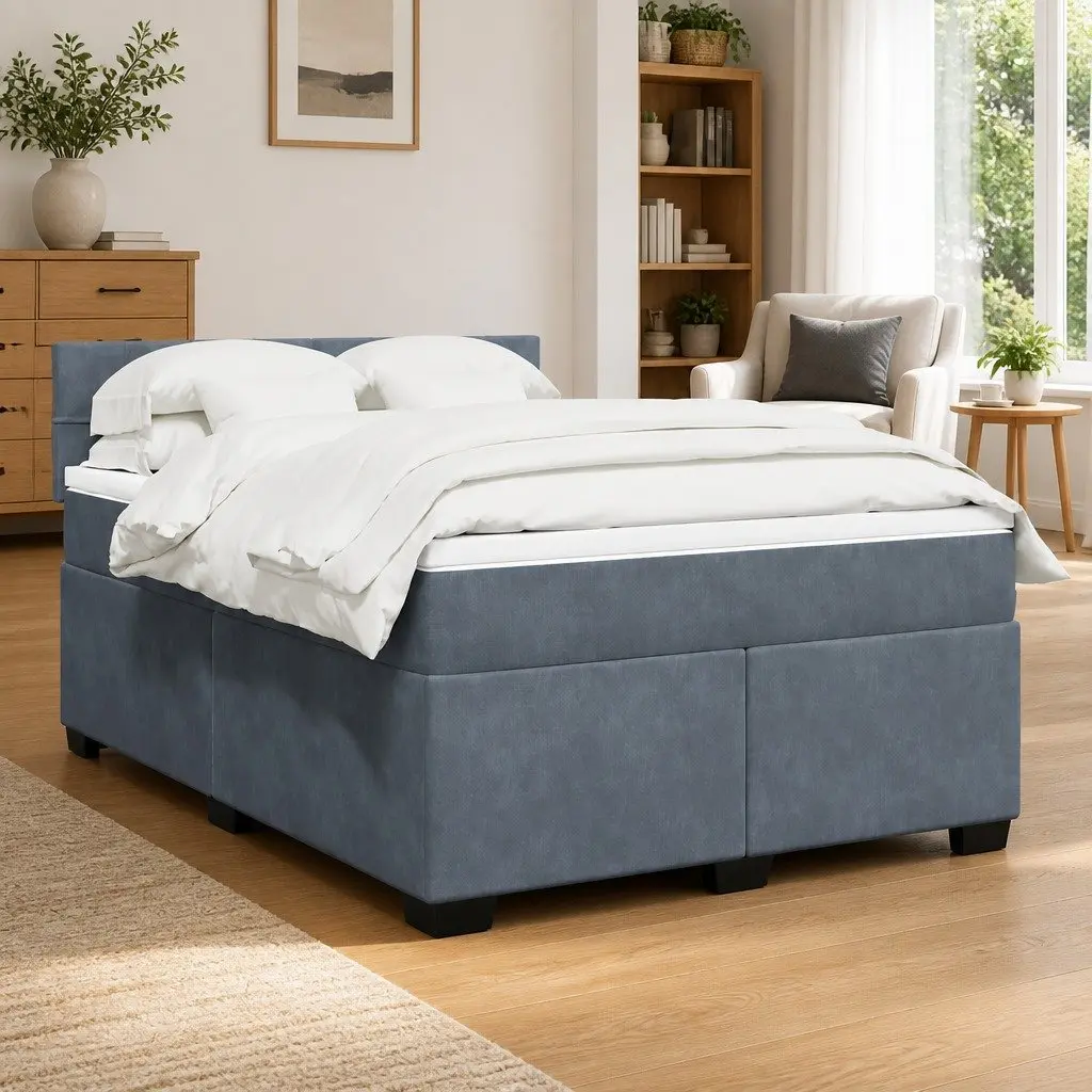 Box Spring Bed with Pocket Spring Mattress Velvet Queen Size