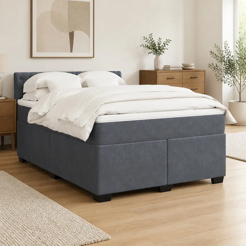 Box Spring Bed with Pocket Mattress Queen Size Velvet Upholstered Frame Slats