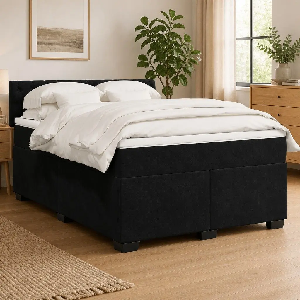 Queen Box Spring Bed Grey Velvet Upholstered Frame with Pocket Spring Mattress