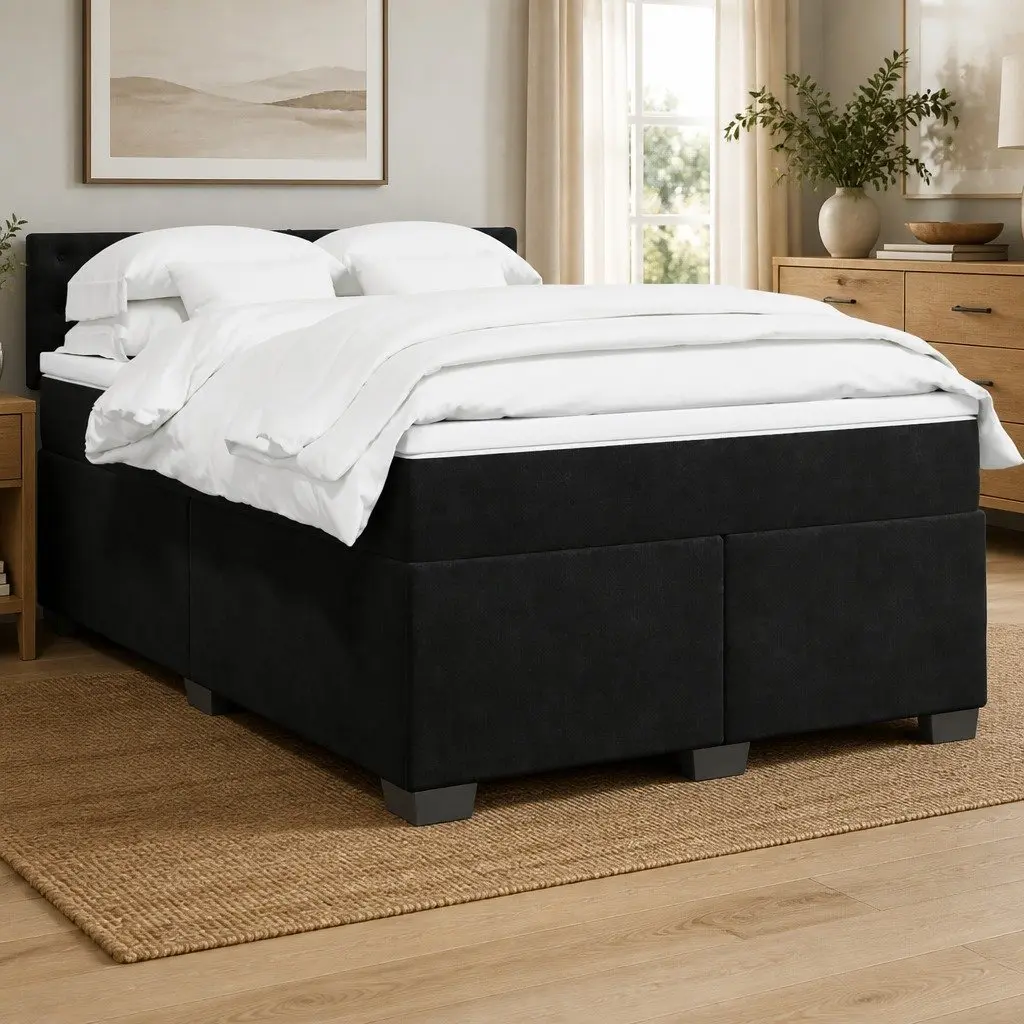 Queen Box Spring Bed Velvet Upholstered Frame Pocket Spring Mattress Slat Base