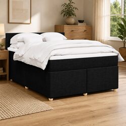 Double Box Spring Bed with Pocket Mattress Black Fabric Bedroom Furniture