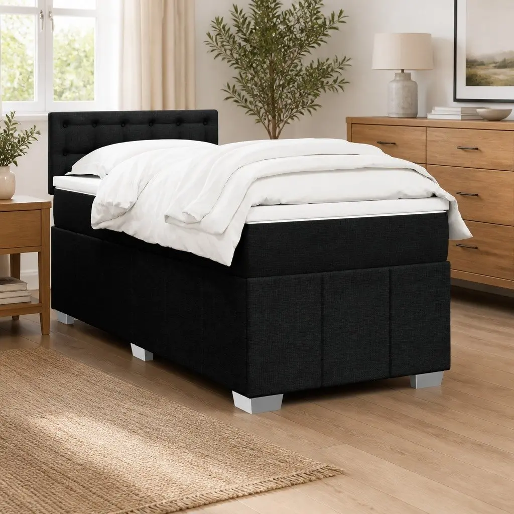 King Single Box Spring Bed with Pocket Mattress Black Fabric Frame Slats