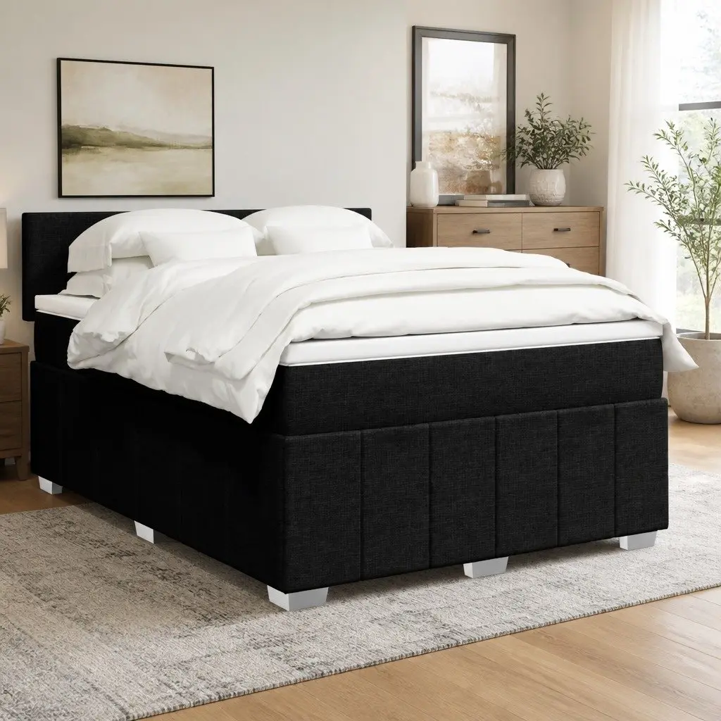 Double Box Spring Bed Pocket Spring Mattress Black Fabric Frame