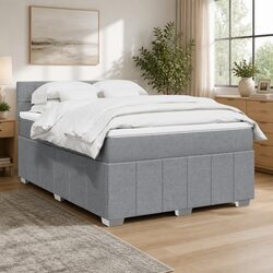 Double Box Spring Bed with Pocket Spring Mattress Grey Fabric Frame Slats