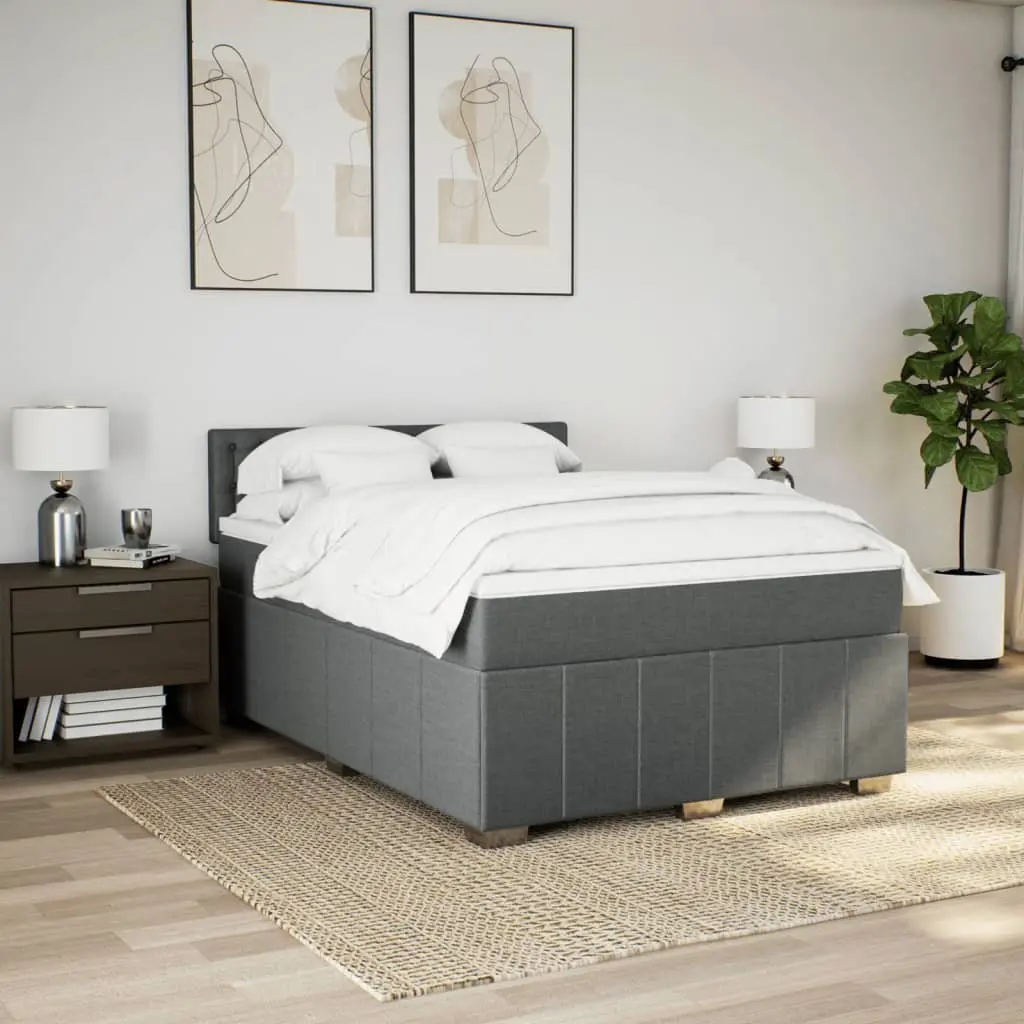 Double Box Spring Bed with Pocket Mattress Black Fabric Bedroom Furniture