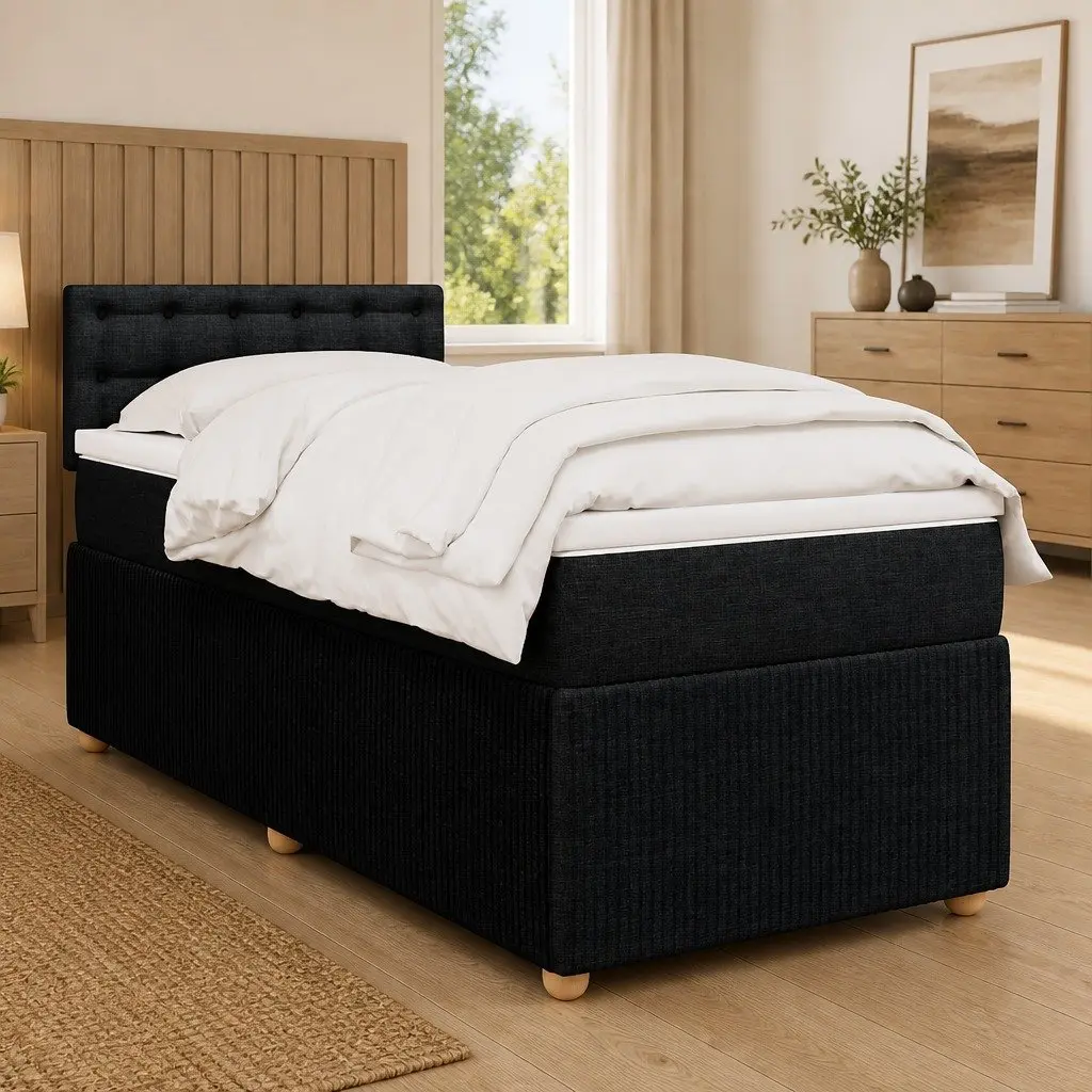 King Single Box Spring Bed with Pocket Mattress Black Fabric Frame Slats