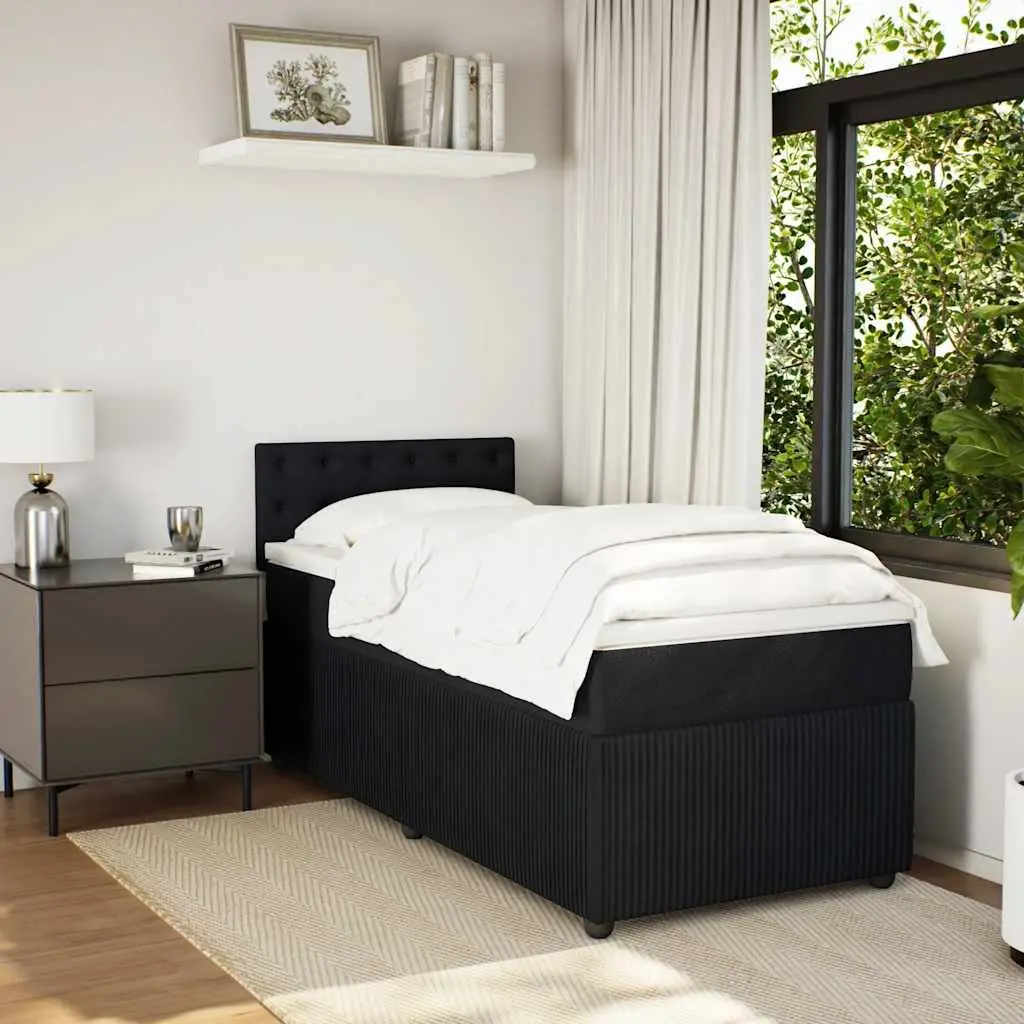 King Single Box Spring Bed with Pocket Mattress Black Fabric Frame Slats