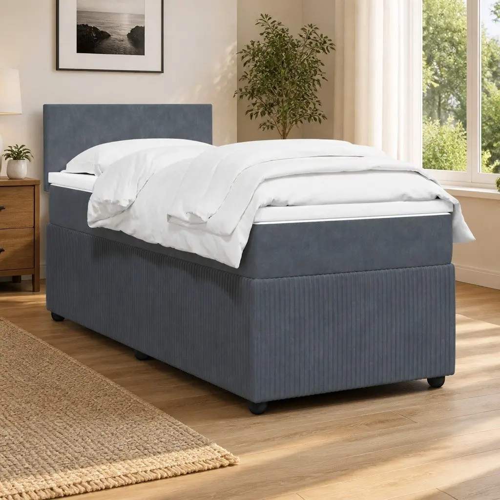 Box Spring Bed King Single Velvet Frame with Pocket Mattress Grey