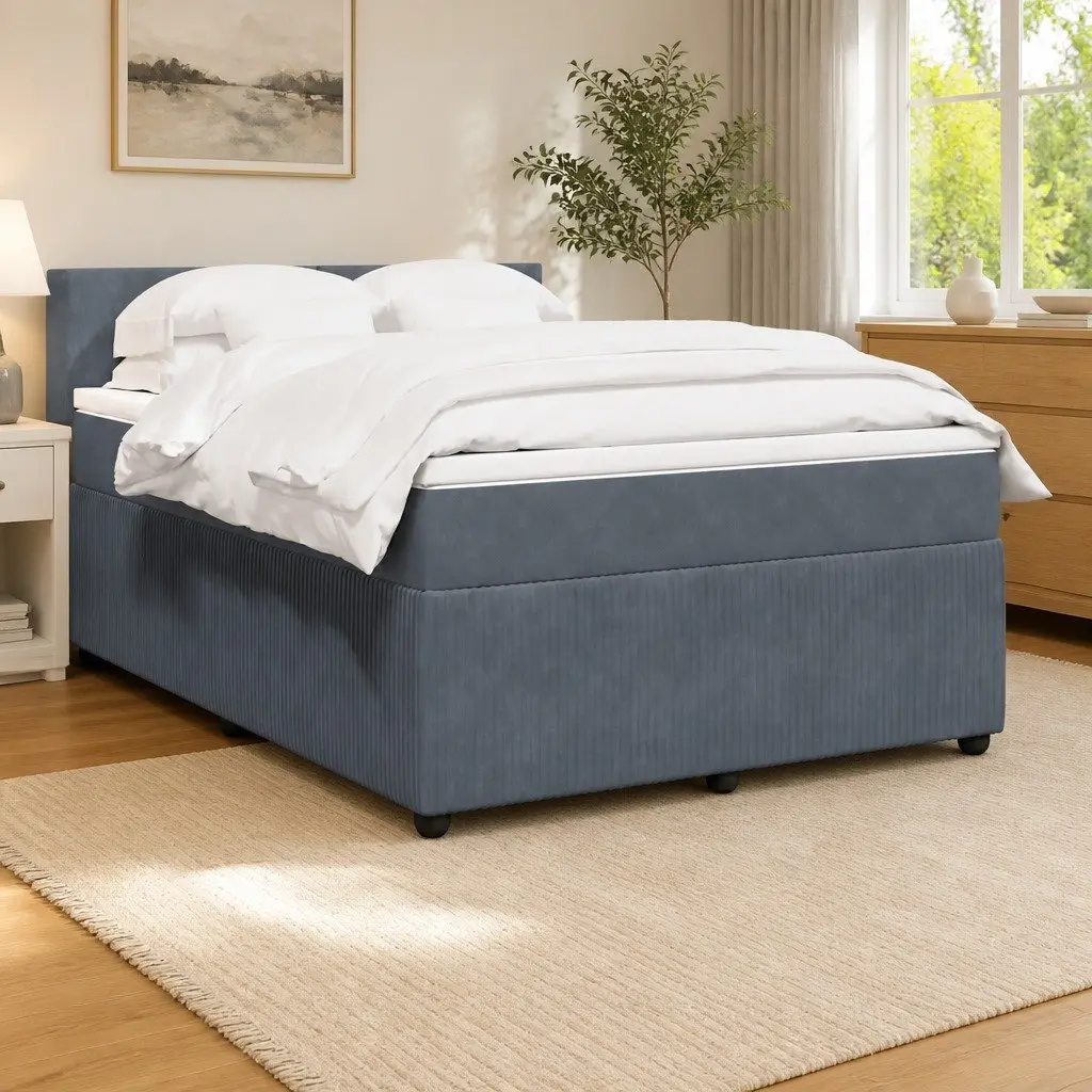 Double Box Spring Bed Pocket Spring Mattress Grey Velvet Upholstery