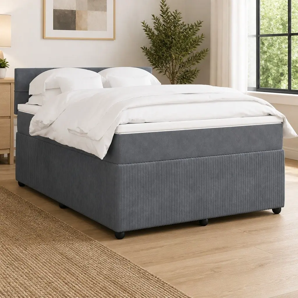 Queen Bed Frame Velvet Upholstered with Pocket Spring Mattress Slatted Support Grey