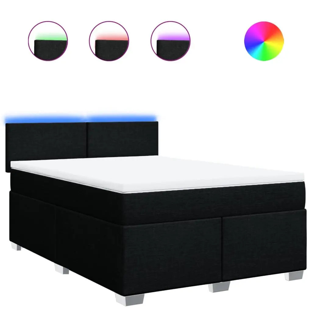 Double Box Spring Bed with Pocket Spring Mattress LED Lights Black Fabric