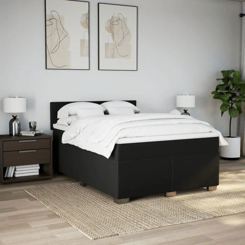 Double Box Spring Bed with Mattress Black Fabric LED Lights Double Size