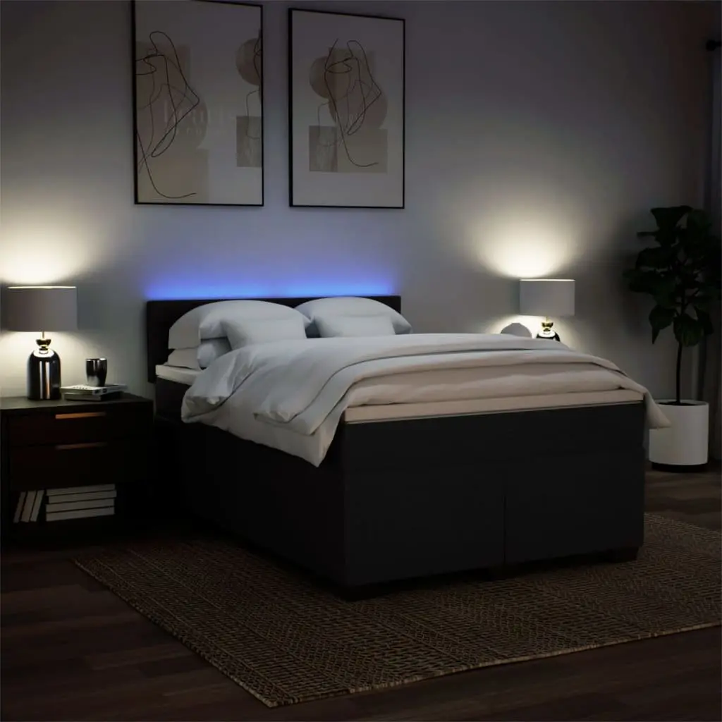Double Box Spring Bed with Mattress Black Fabric LED Lights Double Size