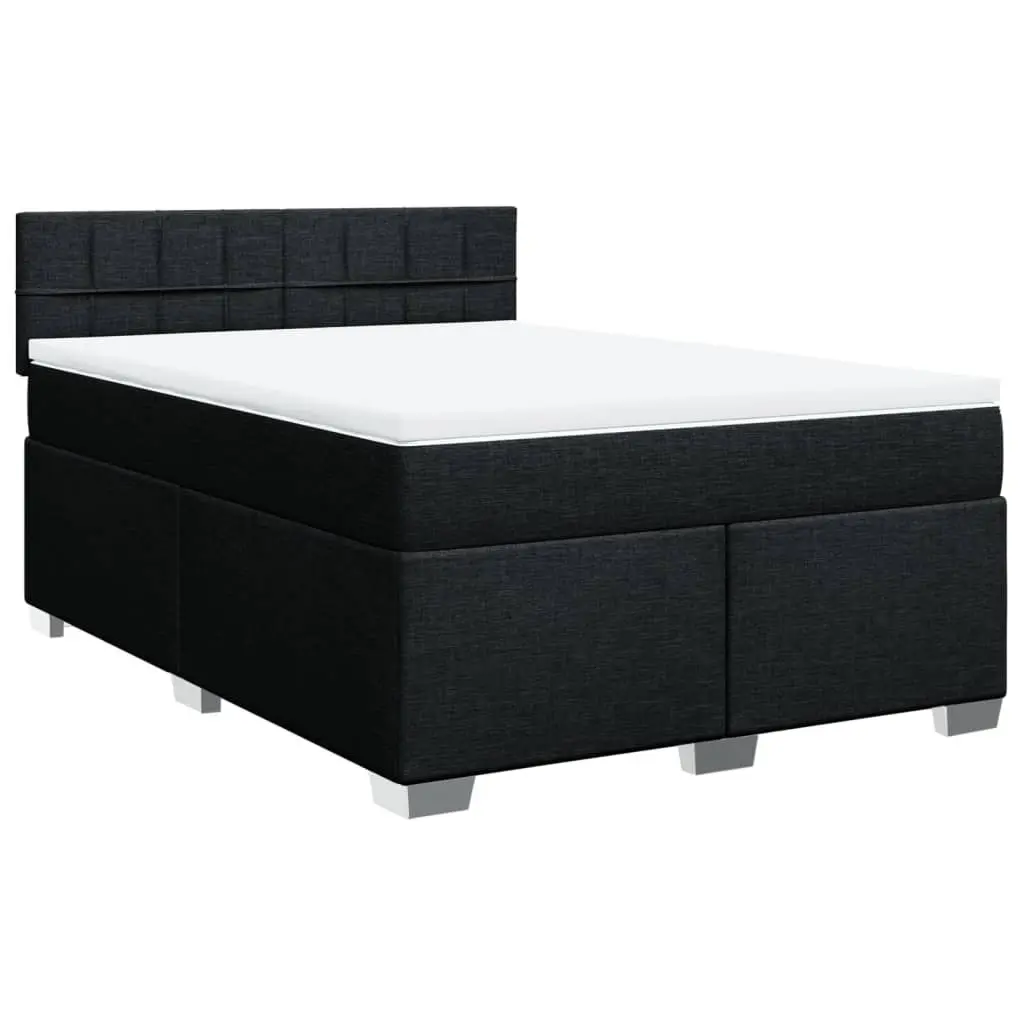 Double Box Spring Bed with Mattress Black Fabric LED Lights Double Size