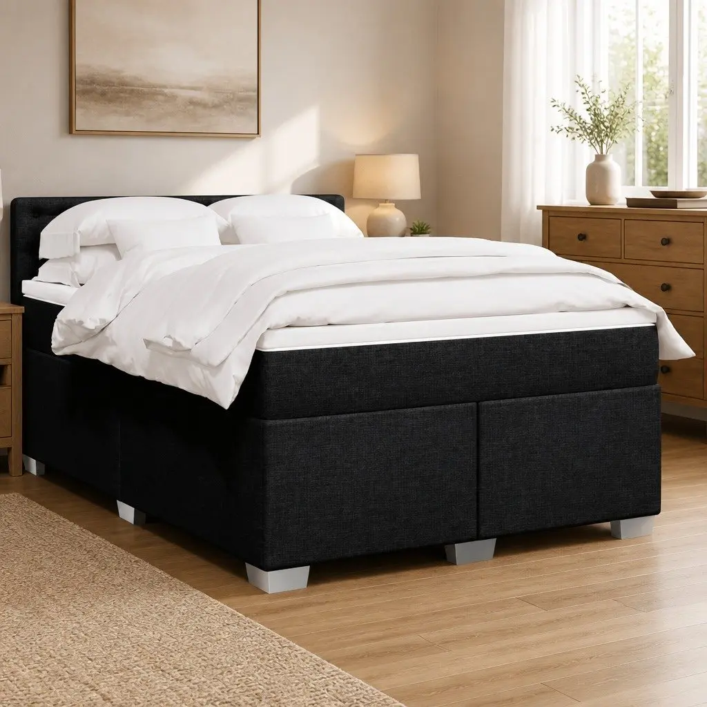 Double Box Spring Bed with Pocket Spring Mattress and LED Lights Black Fabric