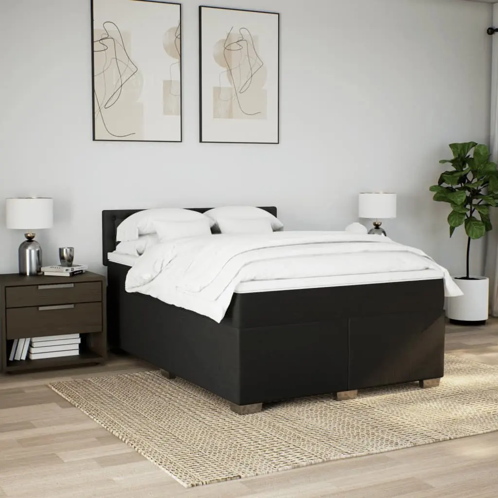 Double Box Spring Bed with Pocket Spring Mattress and LED Lights Black Fabric