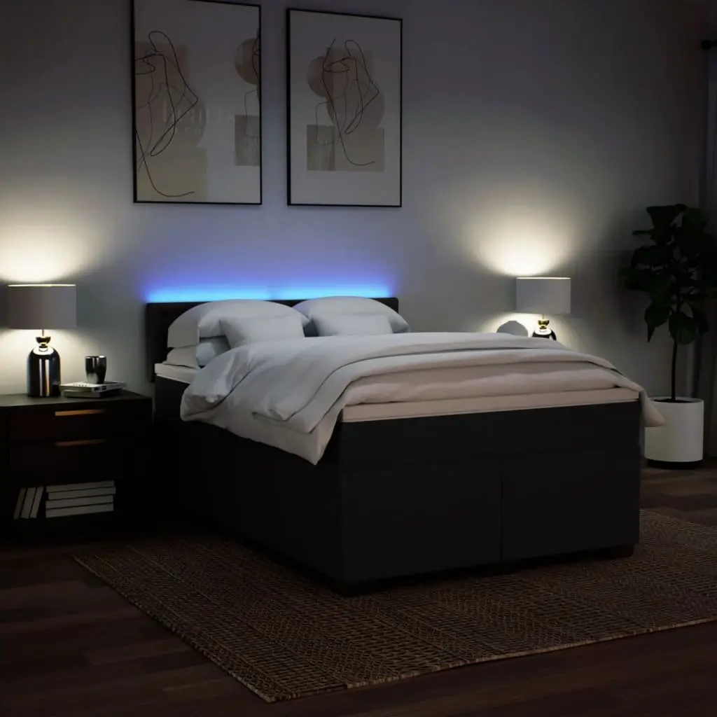 Double Box Spring Bed with Pocket Spring Mattress and LED Lights Black Fabric