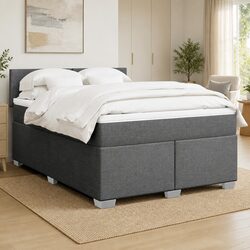 Queen Box Spring Bed with Pocket Spring Mattress LED Light Grey Fabric Bedroom