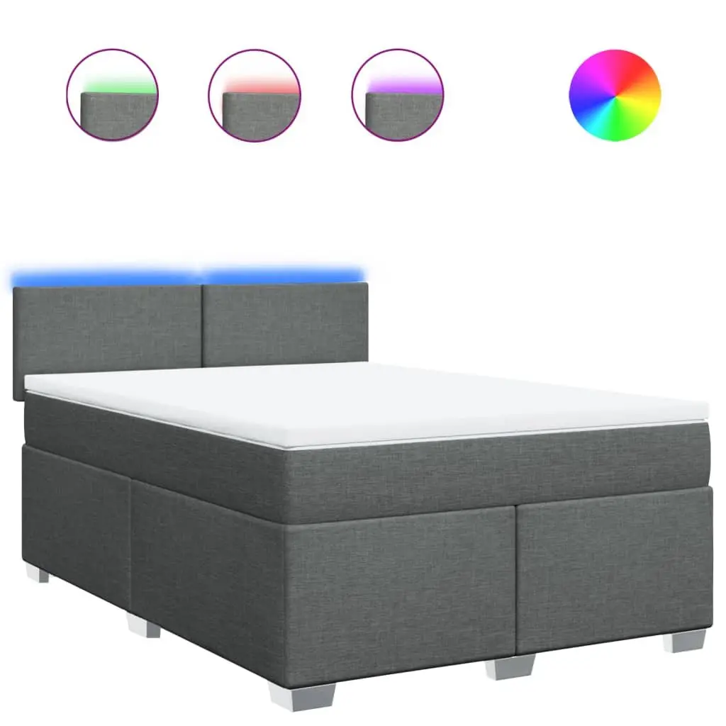 Queen Bed with Pocket Spring Mattress and Adjustable LED Light in Grey Polyester Fabric